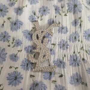 Yves Saint Laurent Ysl Silver Brooch Inlaid With Diamonds